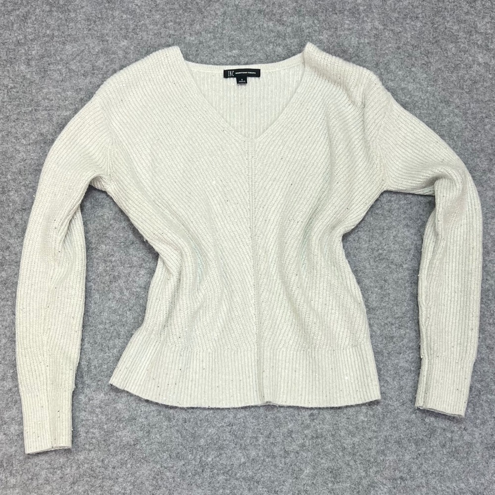 INC International‎ Concepts Womens Cream Metallic Sequin Ribbed V-Neck Sweater S